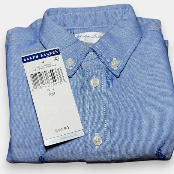 Polo Ralph Lauren Chambray Blue Baby Shirt Allover Pony Logo Long Sleeve, 6M NWT - Picture 2 of 14
